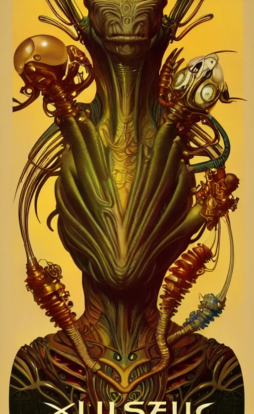 Image similar to exquisite imaginative alien creature poster art, gold, movie art, by lucusfilm, weta studio, alphonso mucha, james jean, frank frazetta, 8 k, denoised