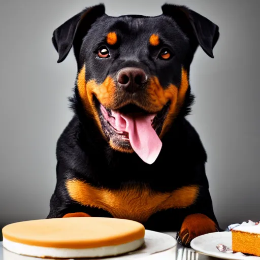 Image similar to a high - quality photo of a cute rottweiler with a half - eaten birthday cake and champagne, 4 5 mm, f 3. 5, sharpened, iso 2 0 0, raw, food photography