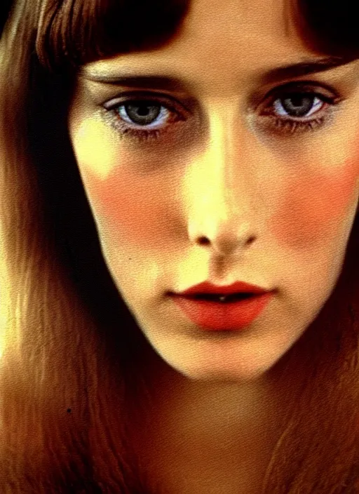 Prompt: film still from a 1971 award-winning Italian film of a young Russian woman with brunette looking at the camera while in a swirling alternate reality. close-up of face with smokey eyeshadow. soft detailed painting at 16K resolution and amazingly epic visuals. epically beautiful image. amazing effect, image looks gorgeously crisp as far as it's visual fidelity goes, absolutely outstanding. vivid clarity. ultra detail. iridescent. mind-breaking. mega-beautiful pencil shadowing. beautiful face. Ultra High Definition. soft shading. soft texture. intensely beautiful.