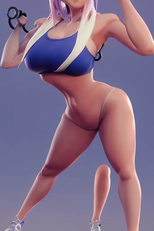 Image similar to photorealistic 3 d render of of an impossibly curvy anime girl wearing a gym outfit, by artgerm and earl norem, featured on pixiv, booru, exaggerated proportions, high resolution digital art, 4 k, beautiful symmetric face, subsurface scattering, volumetric lighting, realistic skin texture