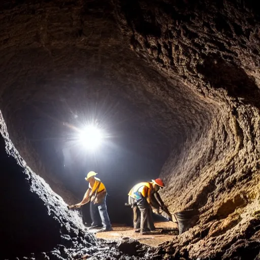 Prompt: photograph of workers mining for black opal in a large cavern, ethereal, shining rocks, award winning