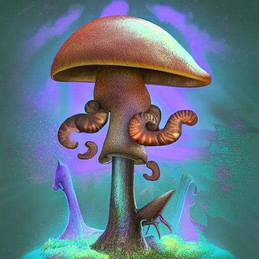 Image similar to Snail and Mushroom Hybrid, bipedal creatures, in the style of John Coulthart, vaporwave, volumetric lighting, maximalist, surrealism