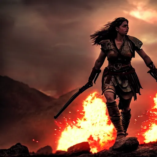 Image similar to a photograph of the goddess of war in the battlefield, action movie, movie still, cinematic, filmic, dramatic, dramatic lighting