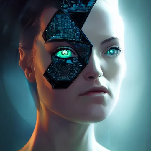 Prompt: avatar portrait of a cyberpunk art deco girl with a vectot grid of light falling on her face, sci-fi, intricate lighting, elegant noir, highly detailed, digital painting, studio portrait, artstation, sharp focus, photo by artgerm and greg rutkowski and Charlie Bowater, subsurface scattering