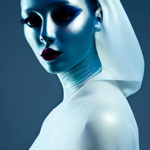 Image similar to high fashion photography of a model in neo futurism white sci - fi makup, transparent cloth, beautifully lit