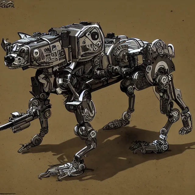 Prompt: robotic pit bull with a rocket launcher, realistic, detailed, intricate, trending on art station