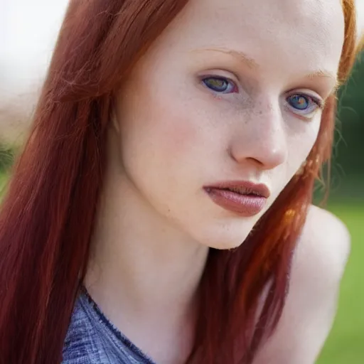 Prompt: close up portrait photograph of a thin young redhead woman with russian descent, sunbathed skin, with deep blue eyes. Wavy long maroon colored hair. she looks directly at the camera. Slightly open mouth, with a park visible in the background. 55mm nikon. Intricate. Very detailed 8k texture. Sharp. Cinematic post-processing. Award winning portrait photography. Sharp eyes.