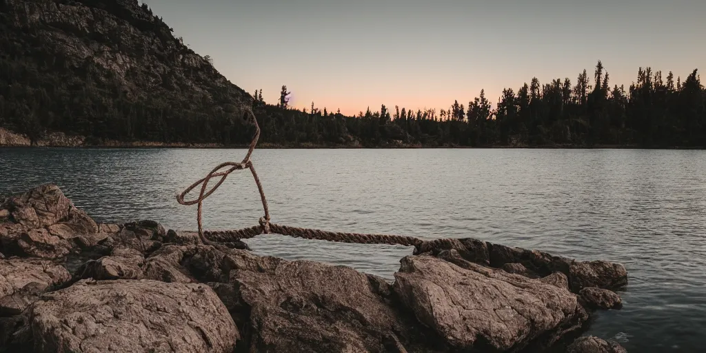 Prompt: cinematic shot of a lake with a rope floating in the middle, a rocky foreground, sunset, a bundle of rope is in the center of the lake, eerie vibe, leica, 2 4 mm lens, 3 5 mm kodak film, f / 2 2, anamorphic