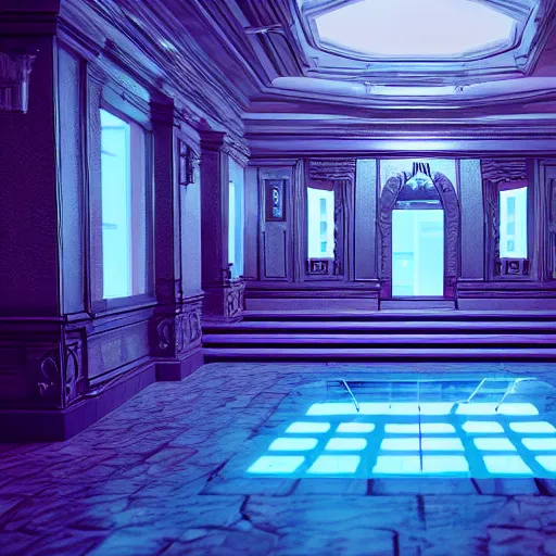 Image similar to liminal space interior of a vaporwave mansion high detail 3D rendered render in unreal engine 8K god rays volumetric lighting trending on art station