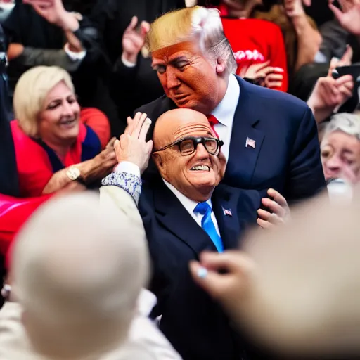 Prompt: donald trump tickling rudy giuliani, canon eos r 3, f / 1. 4, iso 2 0 0, 1 / 1 6 0 s, 8 k, raw, unedited, symmetrical balance, wide angle