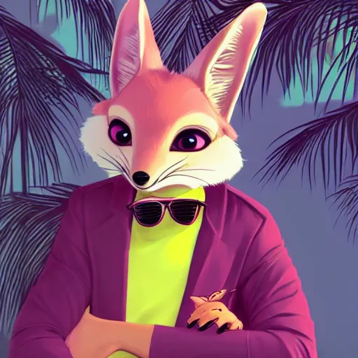 Prompt: fennec fox,neon pink, palm trees, furry, cute, smug facial expression, disney zootopia, zootopia, concept art, aviator sunglasses, smug expression, synthwave style, artstation, detailed, award winning, dramatic lighting, miami vice, oil on canvas, vibes, GTA criminal