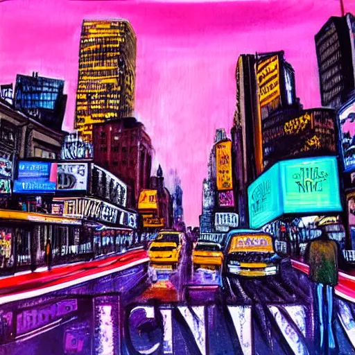 Prompt: mixed media painting of new york city, street view, night, glow of neon lights.