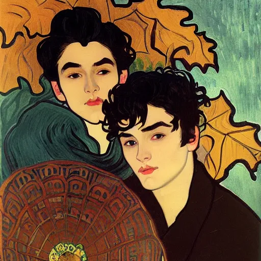 Image similar to painting of young cute handsome beautiful dark medium wavy hair man in his 2 0 s named shadow taehyung and cute handsome beautiful min - jun together at the halloween party, bubbling cauldron, candles, smoke, tarot, autumn colors, elegant, stylized, soft facial features, delicate facial features, art by alphonse mucha, vincent van gogh, egon schiele