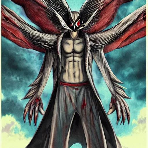 Image similar to 4K headshot of mothman holding something and bloody clothes with giant wings , intricate face , flawless anime cel animation by Kentaro Miura,psychedelic , highly detailed upper body , professionally post-processed , beautiful, scary, symmetry accurate features, epic, octane rendered, anime masterpiece, accurate