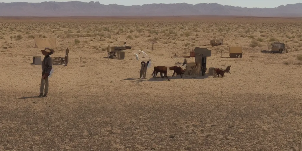 Prompt: UFO, desert scene, cowboys and coyotes rustling cows