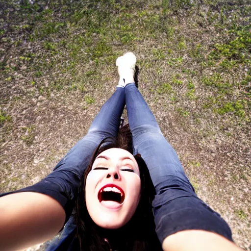 Image similar to photo, young woman, falling from plane, scared face, camera view from beneath the person