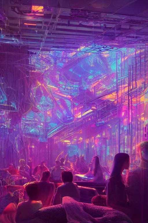 Image similar to a centered render of intricate modular synthesizer nightclub surrounded by ethereal lights and fractal geometry, cinematic, beautifully lit, by artgerm, by beeple, by karol bak, by donato giancola, 3 d, trending on artstation, octane render, 8 k