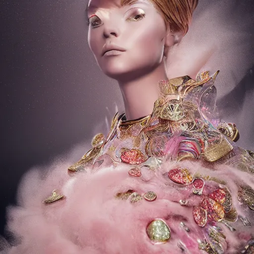 Prompt: a majestic woman wearing an intricate and detailed armor made of candy floss. layers. textures. delicate. elaborate. translucent. soft. ethereal. fragile. vulnerable. studio portrait. photorealistic. octane render