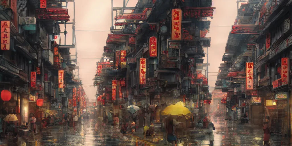 Prompt: a quiet petaling street in chinatown, kuala lumpur, rainy day, matte painting, studio ghibli, artstation