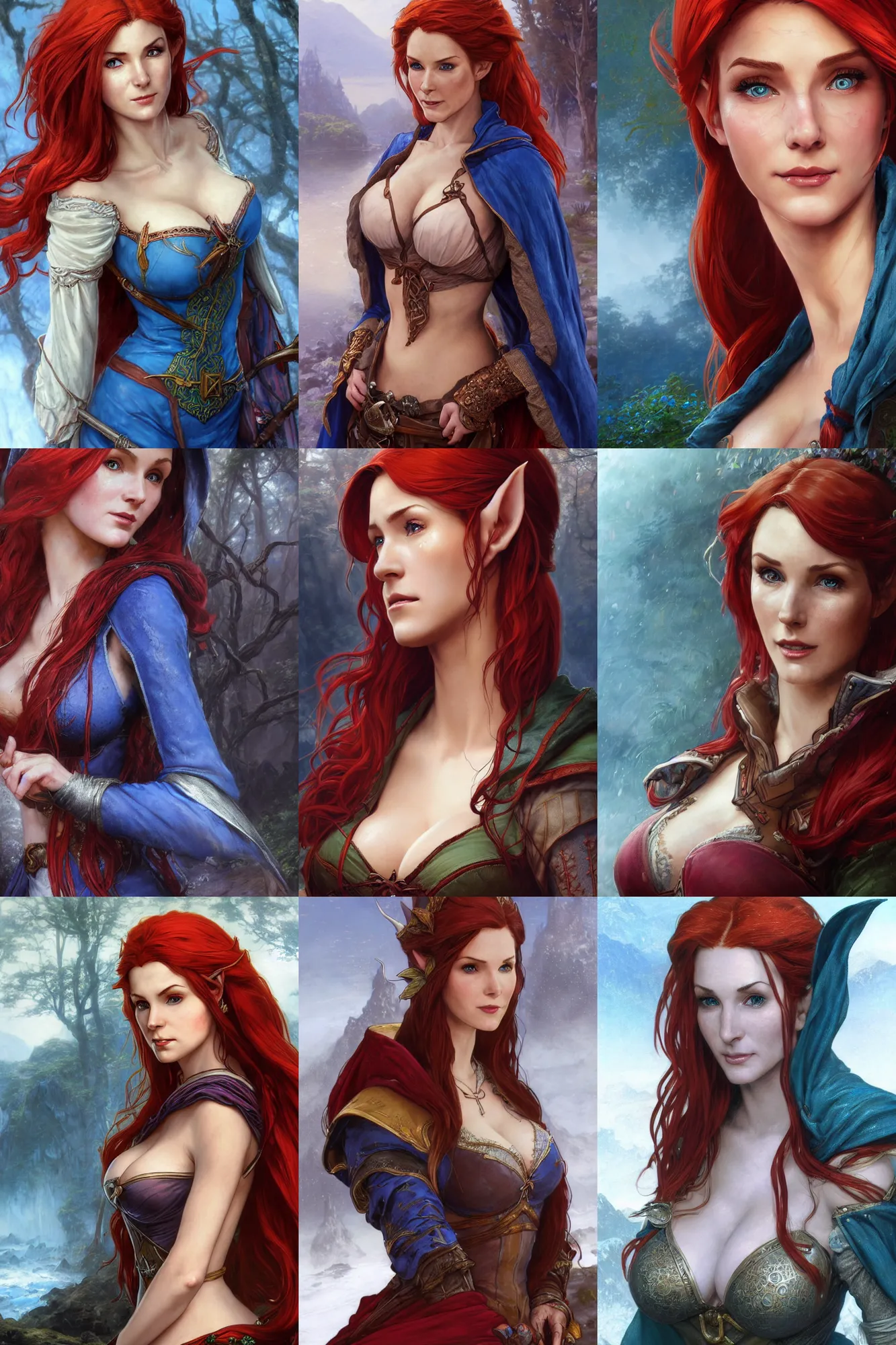 Prompt: alluring highly detailed closeup matte painting portrait of beautiful elf ( triss from witcher 3 ) flowing red hair wearing chesty adventurer's outfit and a large blue cloak with the hood off, very detailed, realistic, manga,, by stanley artgerm lau, greg rutkowski, thomas kindkade, alphonse mucha, loish, norman rockwell j.