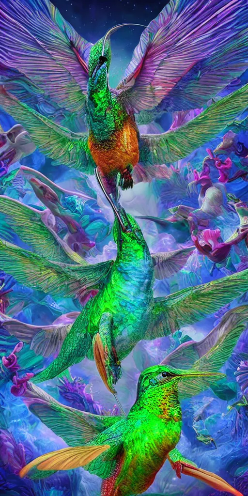 Image similar to psychedelic dinosaurs, four - dimensional hummingbirds, color, consciousness, and the dazzling universe of tetrachromacy, ambient occlusion, vray render,