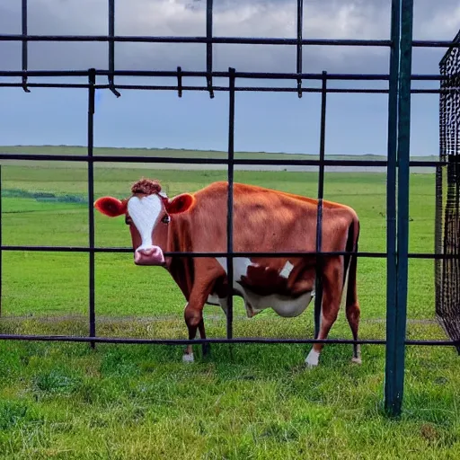 Image similar to cow running from a cage to a countryside