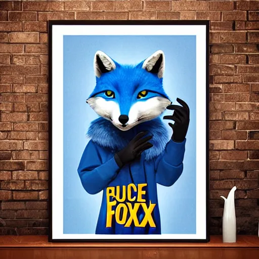 Prompt: modern ultra realistic comedy movie poster, featuring in anthropomorphic blue fox in a hoodie, promotional movie poster print