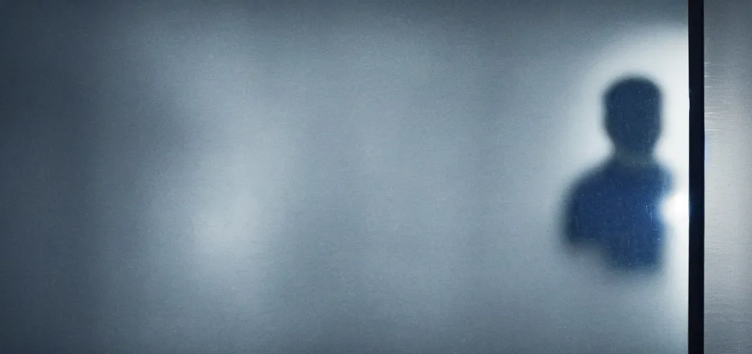 Image similar to dark photo of dark blue rainy bedroom window at night, dimly lit creepy grinning face of elon musk staring in through the window, horror, scary face,