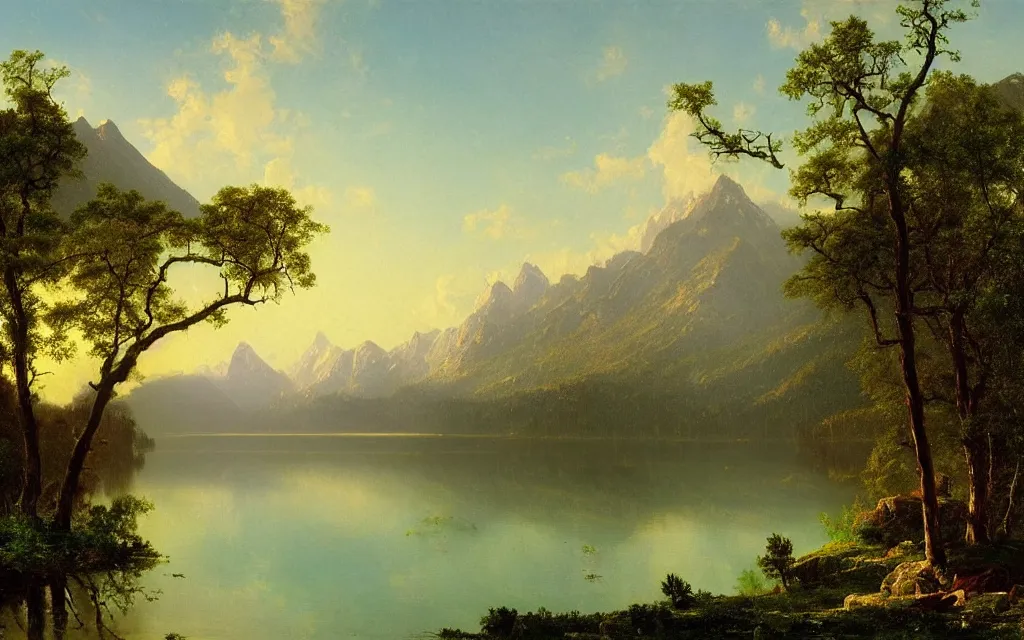 Prompt: a beautiful painting of a serene landscape with a lake in the foreground and jagged mountains in the background, by Albert Bierstadt