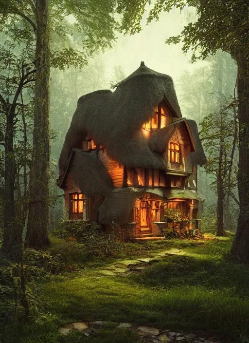 Prompt: hyper realistic homely witch cottage with random architectural styles, in the woods gorgeous lighting, highly detailed, lush forest painting by norman rockwell, james gurney zdzisław beksinski and norman rockwell and greg rutkowskiweta octane render