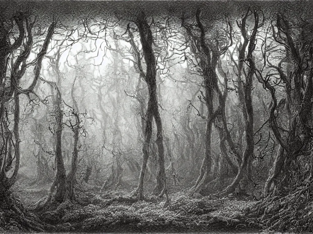 Prompt: an engraving of the interior of a tangled forest at night, wistman ’ s wood by gustave dore, john blanche, ian miller, highly detailed, strong shadows, depth, illuminated focal point