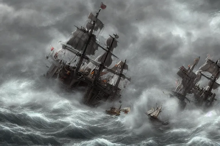 Image similar to epic pirate ship cannon battle in a storm, in the style of vernon grant and chris van allsburg, raging stormy sea, trending on artstation, bright tilt - shift camcorder effect, photoshop, retrowave, hyperrealism, octane, sharp focus, masterpiece