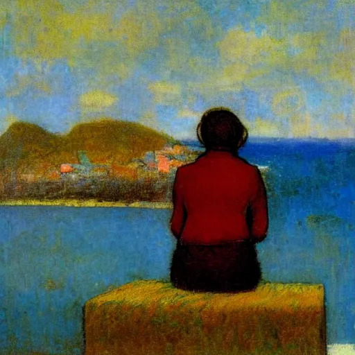 Image similar to a woman and her chiweenie looking out to sea by odilon redon