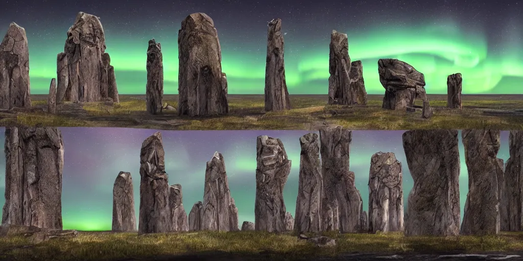 Prompt: highly detailed photoreal eldritch biomechanical rock monoliths, stone obelisks, aurora borealis, psychedelic