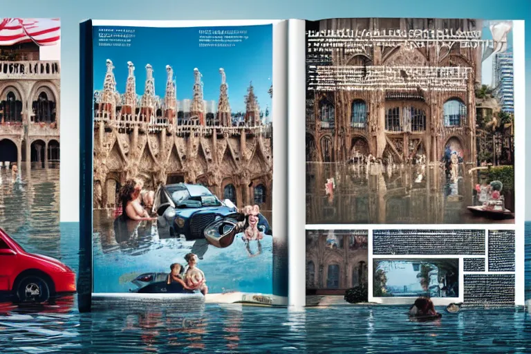 Image similar to touristic magazine ads of a family visiting a catastrophic barcelona, buildings covered with high water, floating cars, catchy graphic design, photo real