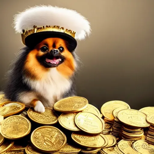 Image similar to A pomeranian wearing a top-hat, sitting on top of a large pile of gold coins