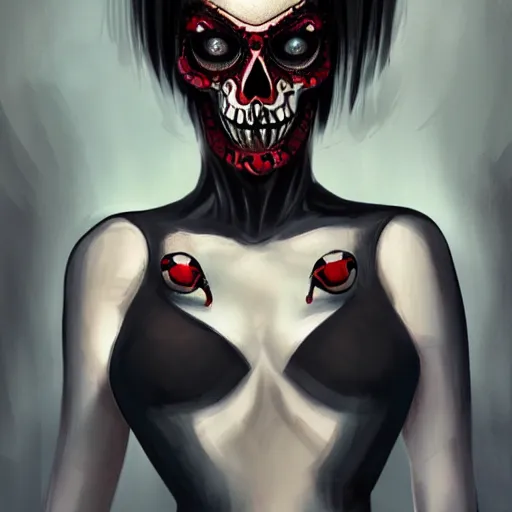 Image similar to Goth woman. holding a red and black skull with diamond shaped eyes. with the top cut off in one hand up to her face like hamlet. kodachrome, high contrast, highly detailed, sharp focus, digital painting, concept art, illustration, trending on artstation,