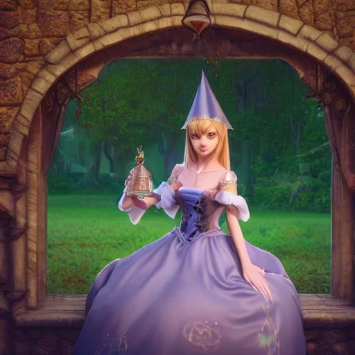 Image similar to a very detailed, ultra-realistic, pleasant, beautiful, funny, smooth 3D CG render, semirealistic anime style, close-up of a gorgeous, cute, gentle, noble priestess magician princess girl wearing dress and jewelry, in a glorious magic kingdom with castle and walls, relaxing calm vibes, fairytale, octane render