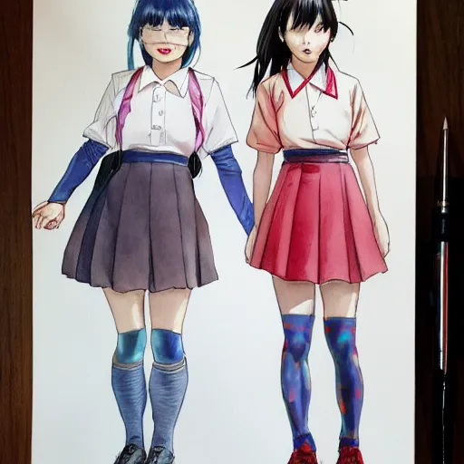 Image similar to a perfect, realistic professional concept sketch of two Japanese schoolgirls posing, in style of Marvel, full length, by pen and watercolor, by a professional American senior artist on ArtStation, a high-quality hollywood-style sketch, on high-quality paper