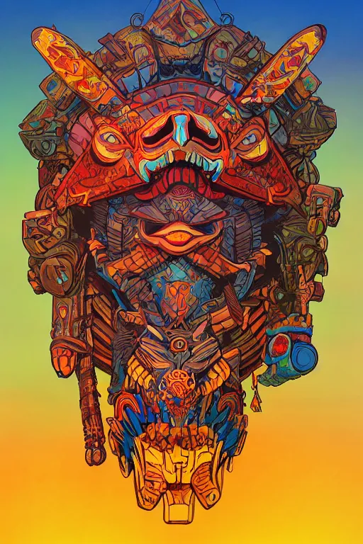 Image similar to totem animal tribal chaman vodoo mask feather gemstone plant wood rock video game illustration vivid color borderlands by josan gonzales and dan mumford radiating a glowing aura global illumination ray tracing