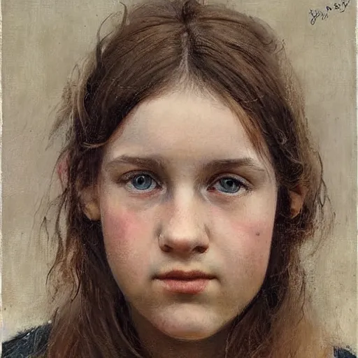 Prompt: portrait of a welsh teenage girl with brown hair and eyes by jasper ejsing