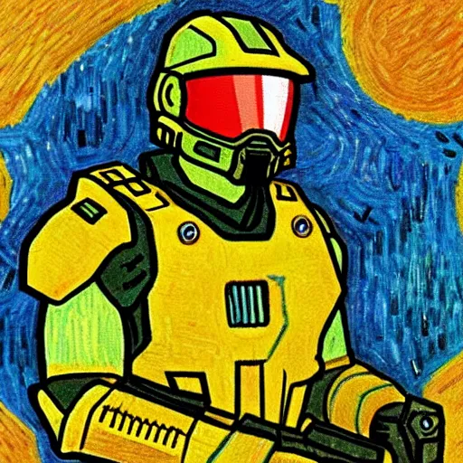 Prompt: master chief in the style of van gogh