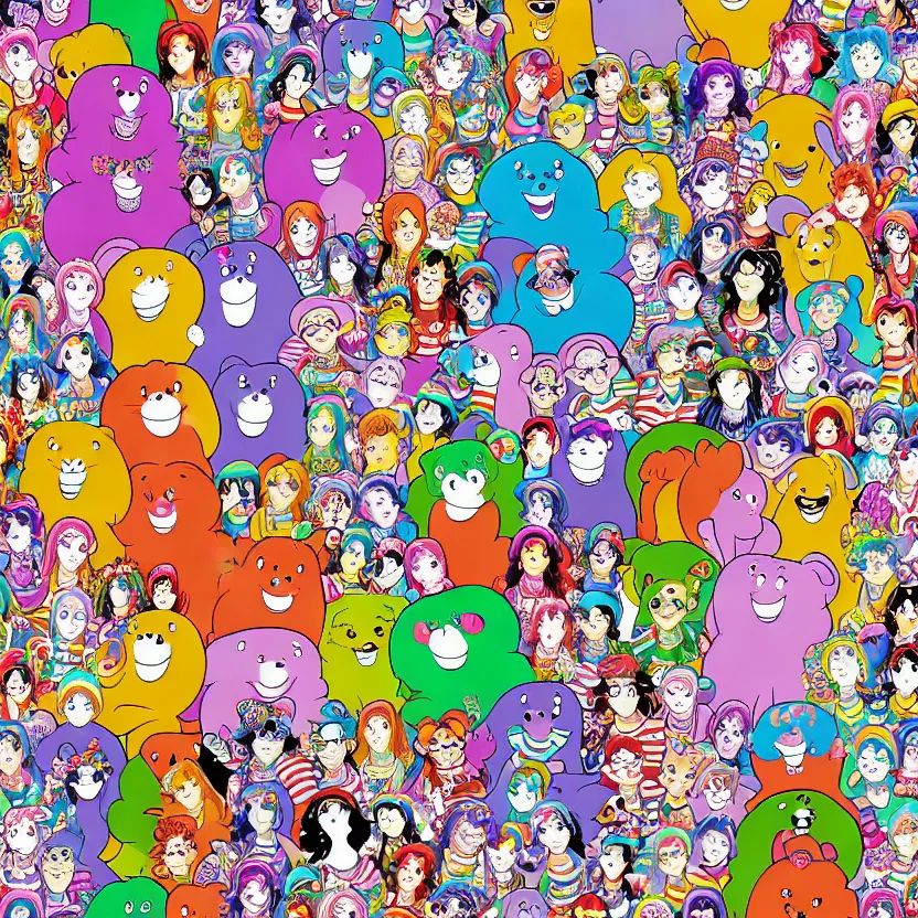 Image similar to wheres waldo, lisa frank style