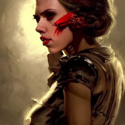 Image similar to painting of scarlett johansson as an evil vampire wearing an eyepatch, epic, tragic, military art, fantasy, dieselpunk, hd shot, digital portrait, beautiful, artstation, comic style, by artgerm, guy denning, jakub rozalski, magali villeneuve and charlie bowater