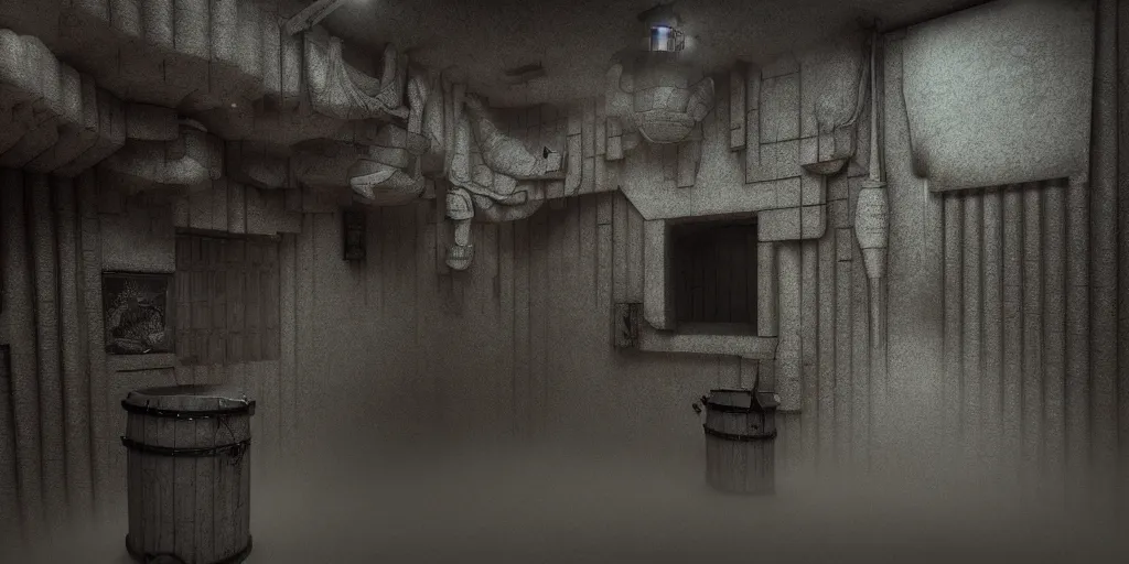 Image similar to echo chamber room, dark art fantasy, 3d render, super detailed, puddle of water, barrels, foggy