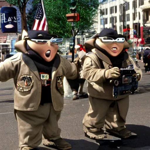 Prompt: fat soldiers, USA war street performers, Wall-E movie