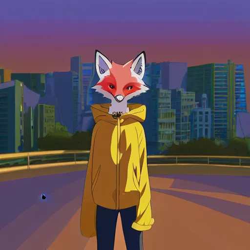 Image similar to key anime visual portrait of a blue anthropomorphic fox furry fursona wearing a bright hoodie, city park in the background at sunset, modern animation still, 4 k