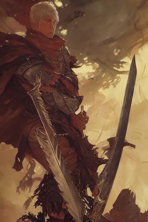Image similar to Berserk Beruseruku with very big sword, D&D, fantasy, portrait, highly detailed, digital painting, artstation, concept art, sharp focus, illustration, art by greg rutkowski and alphonse mucha