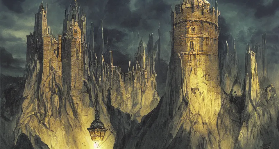 Image similar to concept art of'the watchtower of the golden key'from the modern supernatural arcane magical thriller tabletop rpg'mage : the awakening ', by david mattingly and alan lee and michael whelan and michael william kaluta and francisco goya. realistic 8 k matte painting with photorealistic hd lighting.