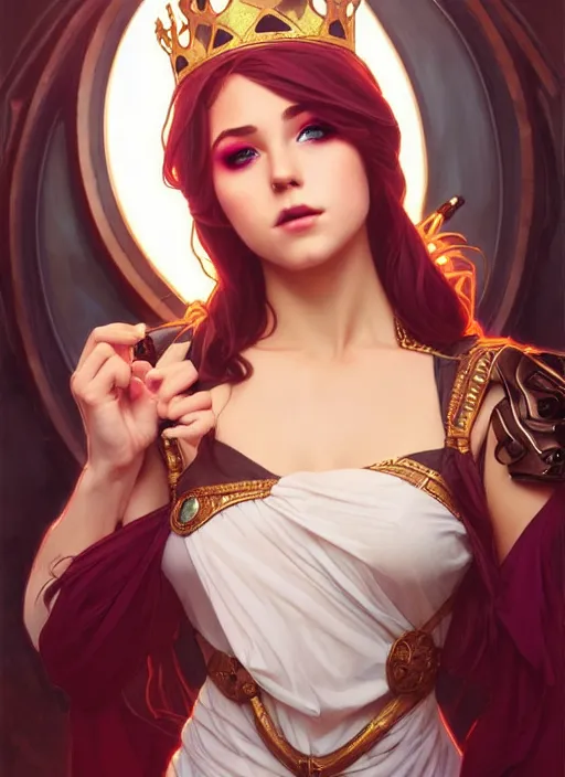 Image similar to rolyat as queen, incredibly detailed face, pretty face, light dress, true anatomy, art by artgerm and greg rutkowski and alphonse mucha